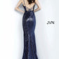 JVN 4696 is a Prom Dress, Pageant gown & Formal Evening wear. This long fitted sequin gown features a plunging neckline with a mesh insert. an open back with crossing spaghetti straps.  Mermaid Silhouette JVN4696