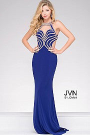 Jovani JVN47009 Embellished halter neckline prom dress with illusion sweetheart designed with rows of beaded crystals and side cutouts that lead to an open back.  Features rows of cascading crystals down the back of the dress and train. JVN by Jovani 47009 Prom Dress Pageant Gown, Evening Gown   Available Size: 8  Available Color: Purple