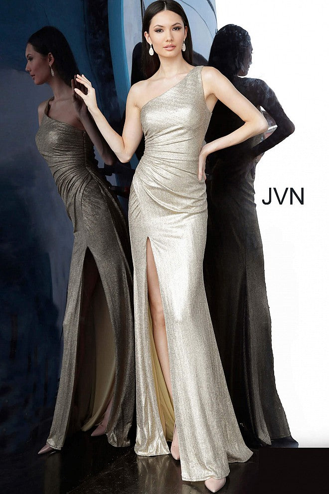 Jovani JVN4734 Size 0 Gold Shimmer Metallic Prom Dress One Shoulder Fi ...