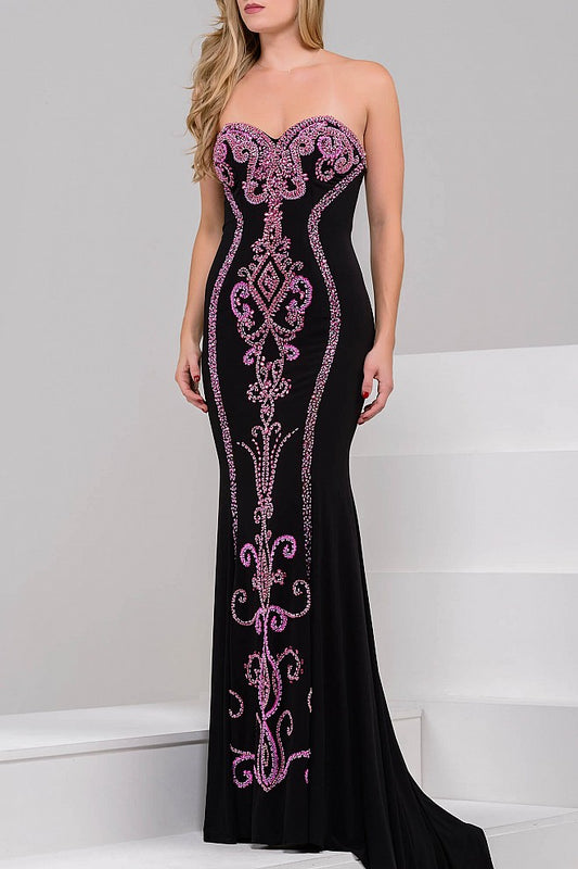 Jovani JVN 49357 This best selling gown is a jersey fitted prom dress with a sweetheart neckline that has hourglass beading down the length of the dress in the front and down the back of the train. Crystal Embellished bodice evening gown pageant gown   Available Size: 8  Available Color: Black/Fuchsia