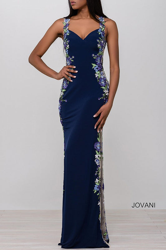 Jovani JVN50049 Size 6 Navy sheer side Floral Lace Formal dress backless evening gown