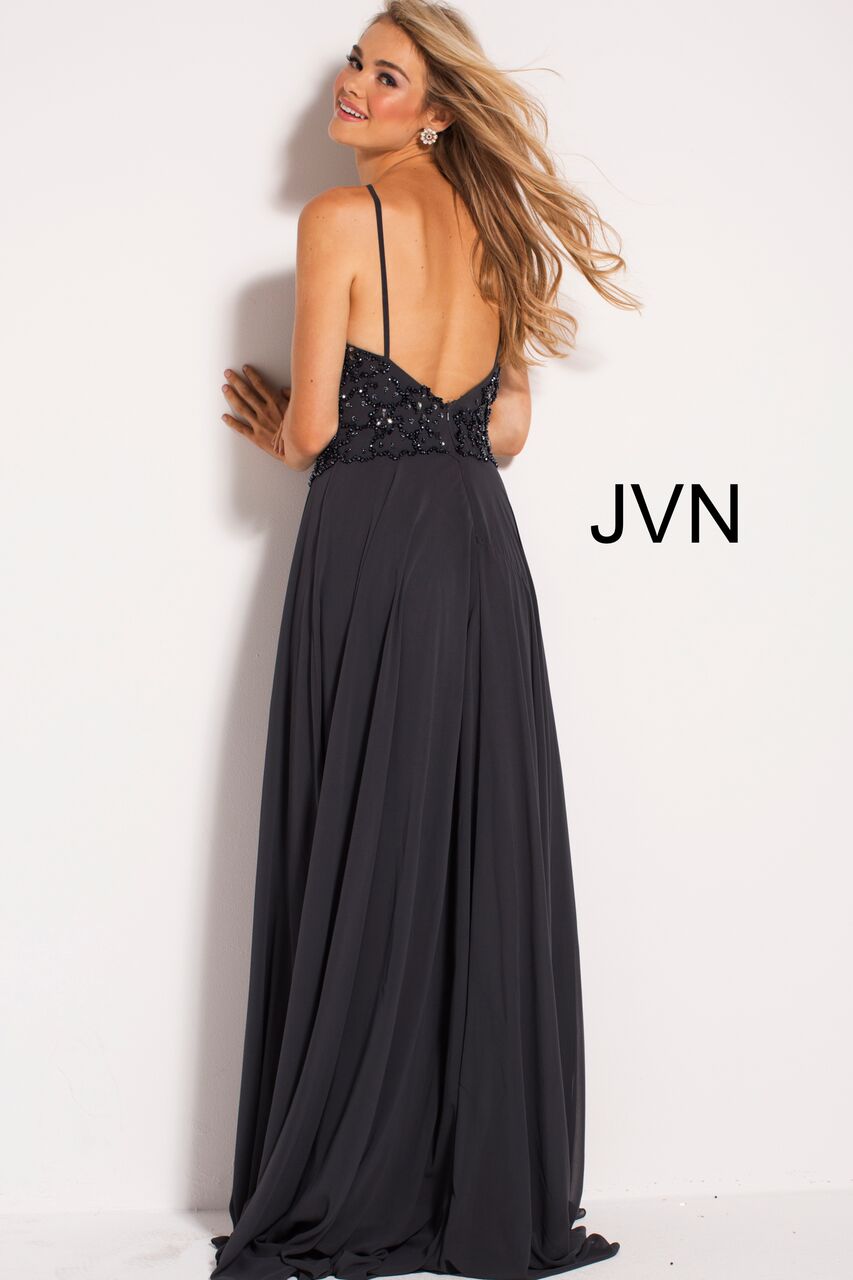 Jovani JVN 50069 Size 4 Charcoal keyhole beaded bodice flowy prom dress