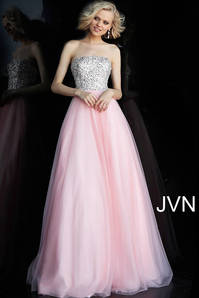 JVN52131 crystal embellished bodice strapless straight neckline long tulle prom dress ball gown 