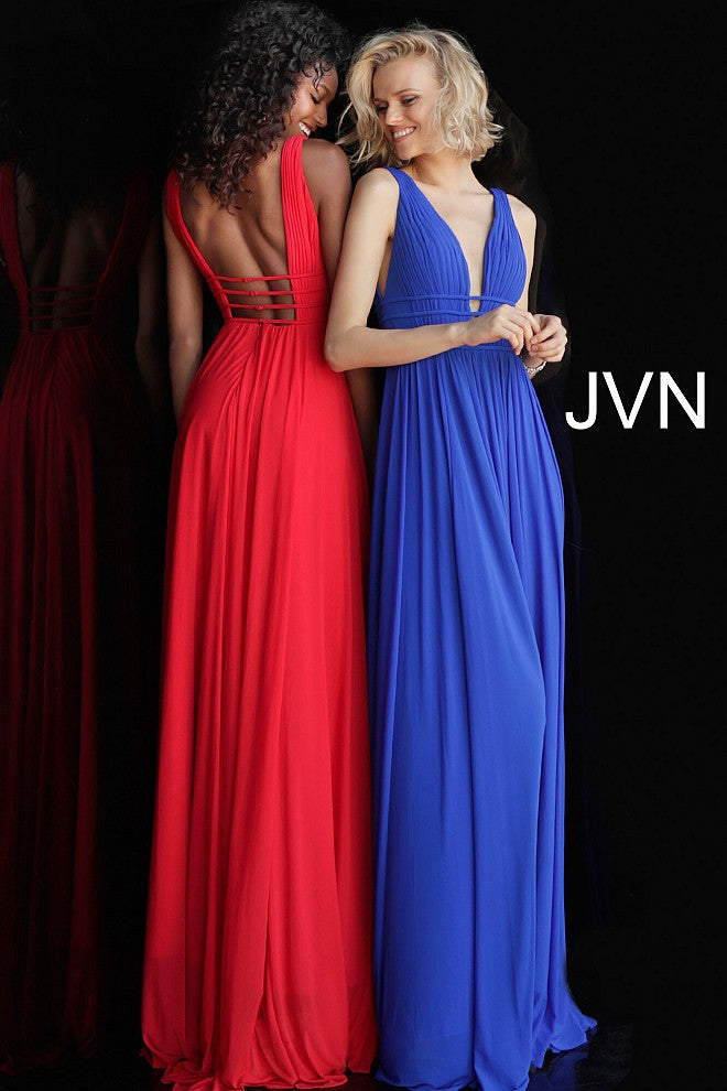 JVN52179  backless and sleeveless Stretch mesh fabric, flowy long skirt, sweeping train, sleeveless pleated bodice, four straps around the bodice with hook and eye closure on the back, plunging neckline, open back.prom dress available in royal blue Size 6