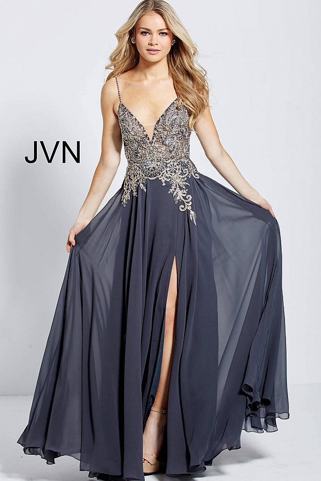 JVN55885 Charcoal size 00 Prom Dress Pageant Gown  Beautiful spaghetti strap v neckline prom dress with a gorgeous embellished bodice and a side slit in the flowy skirt. 