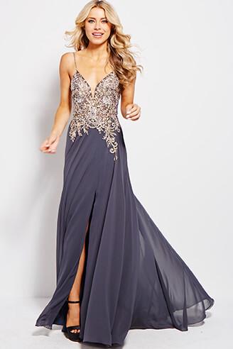 JVN55885 embellished bodice plunging neckline flowy chiffon a line prom dress available in Off White, Charcoal, Navy, Pink, Off White or Sky Blue