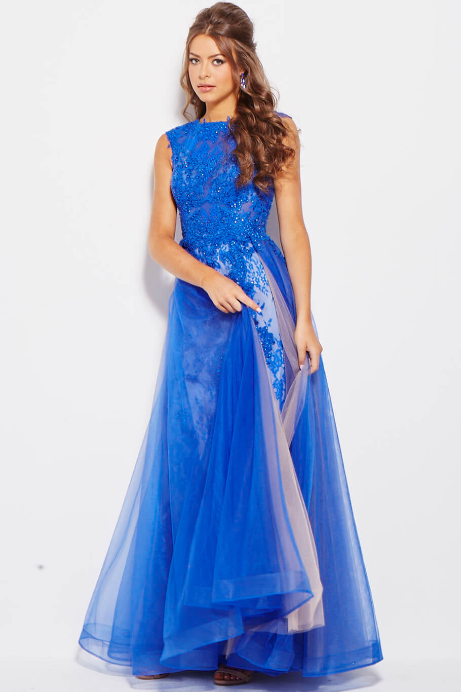 JVN by Jovani 58023 Cap sleeve embellished tulle with lace underlay prom dress tulle over skirt