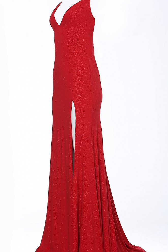 JVN58557 Red Plunging neckline stretch glitter jersey fitted prom dress with thigh high slit has double spaghetti straps that form a V in the open back that leads to a small train in the back. 
