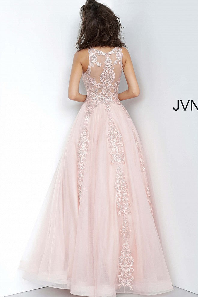JVN59046 Blush long prom dress with embellished lace applique front and back ball gown evening dress 