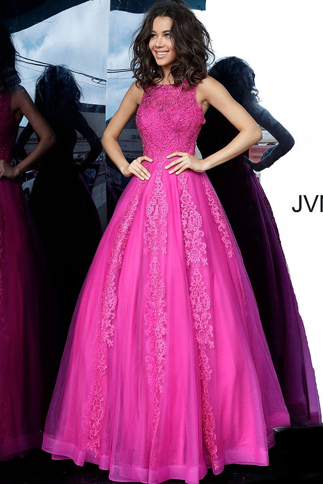 JVN59046 Fuchsia embellished lace applique prom dress with sheer high neckline sheer lace back and lace applique that stream down the length of the long prom dress evening gown 