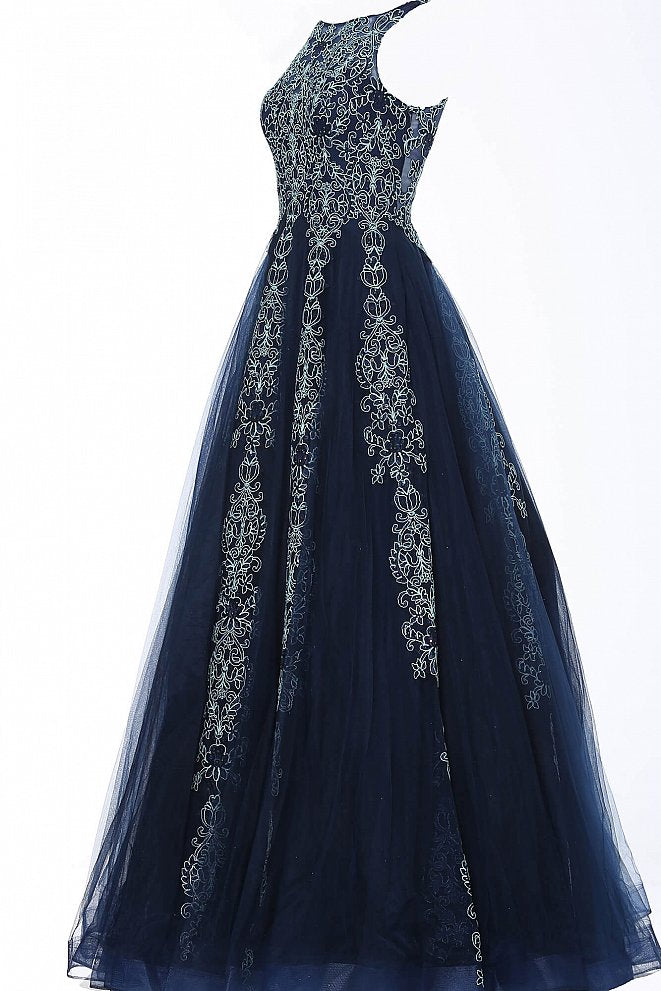 JVN59046 Navy prom dress with Aqua embellished applique trim evening gown 