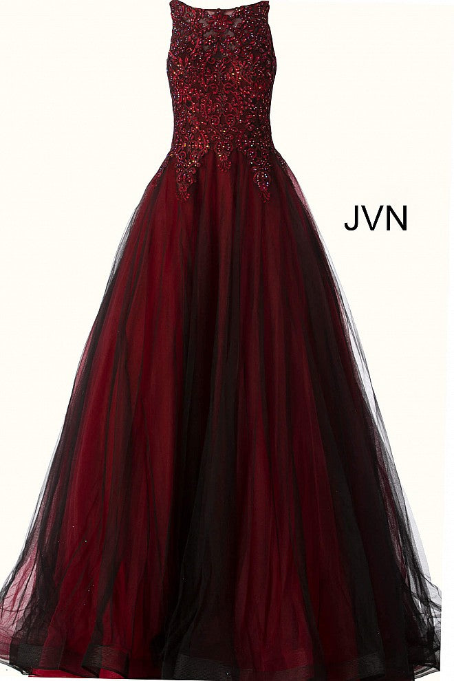 JVN59046 Burgundy prom dress with sheer lace applique high neckline and sheer full back lace applique coverage with zipper and long tulle ball gown skirt 