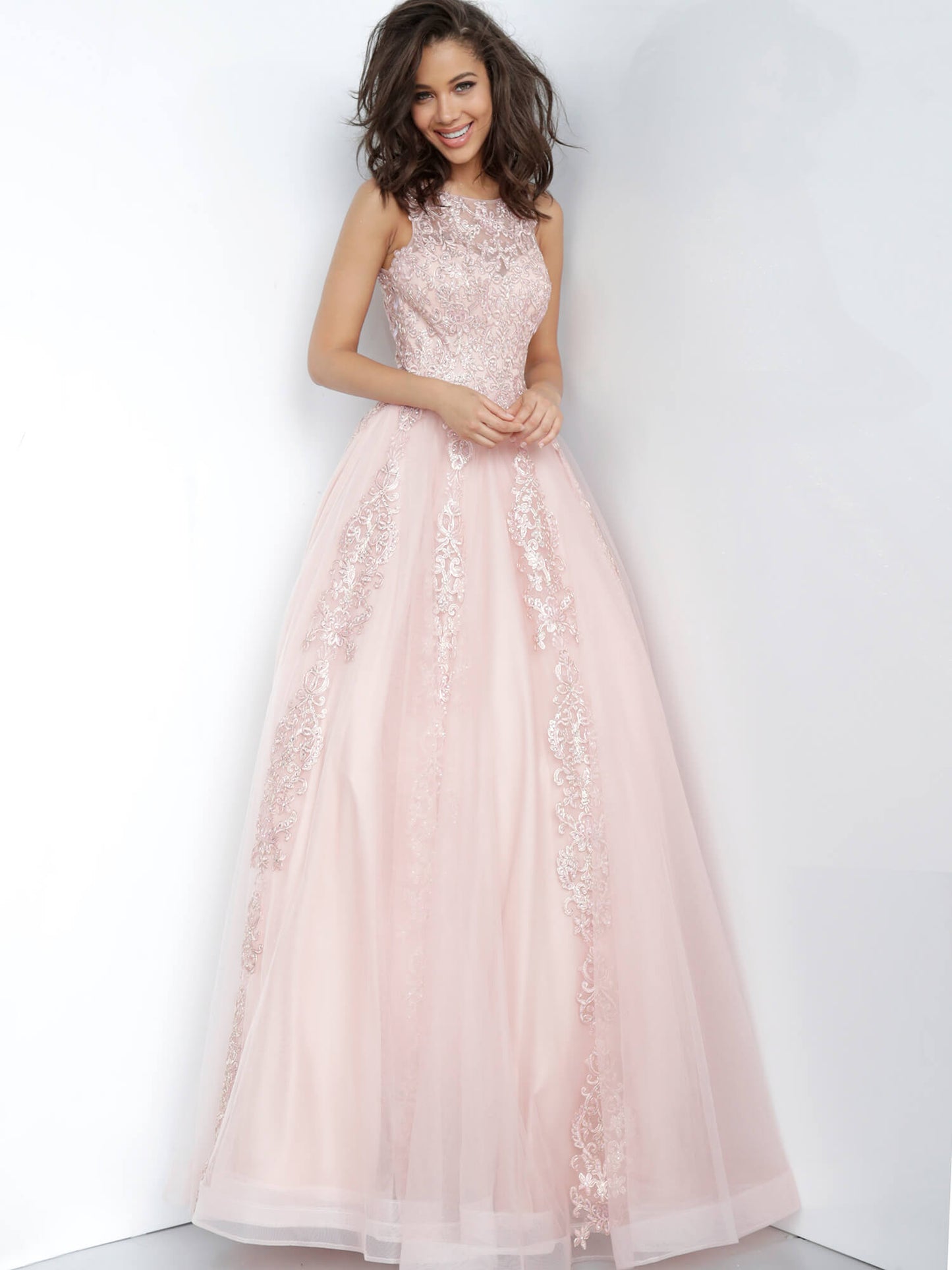 JVN59046 Blush long prom dress with embellished lace applique front and back ball gown evening dress 