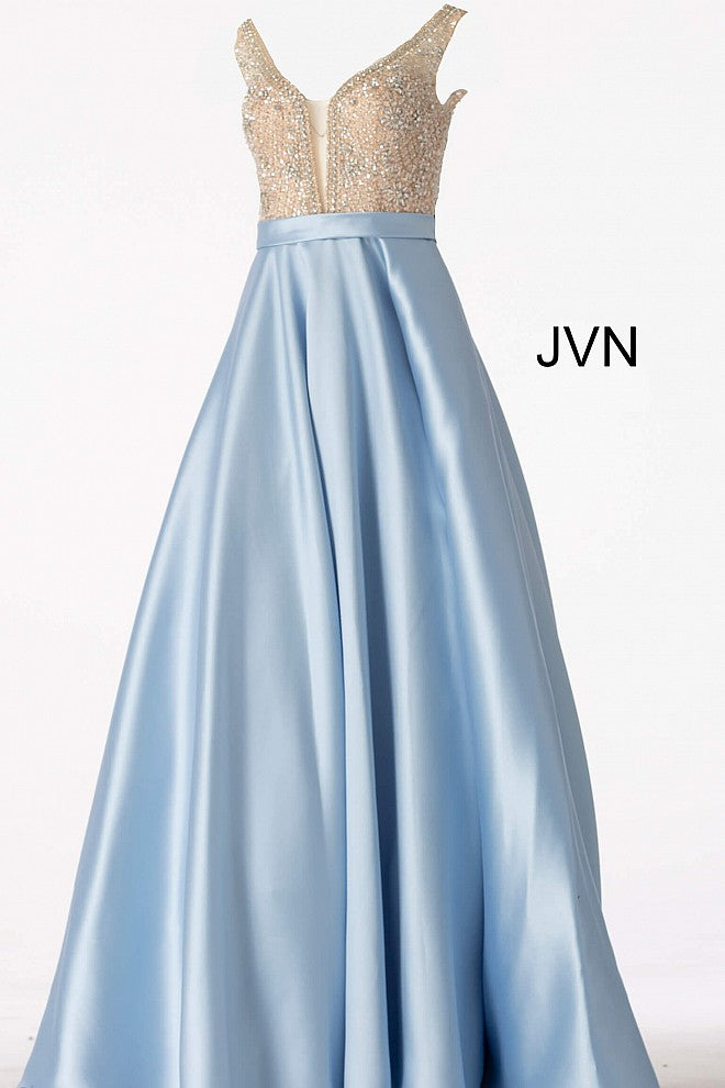 JVN60696 Light Blue embellished plunging neckline mikado a line prom dress ball gown evening gown pageant dress 
