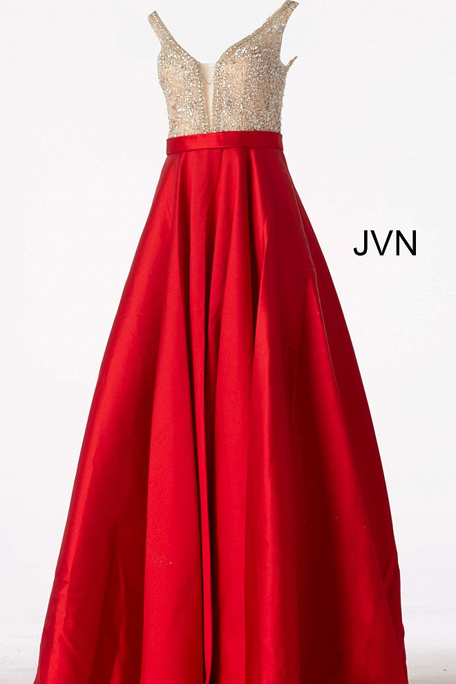 JVN60696 Red embellished plunging neckline mikado a line prom dress ball gown evening gown pageant dress 