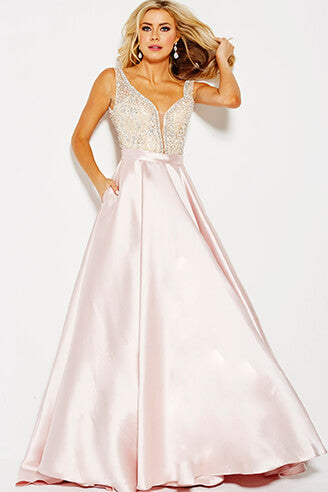 JVN60696 Blush embellished plunging neckline mikado a line prom dress ball gown evening gown pageant dress 