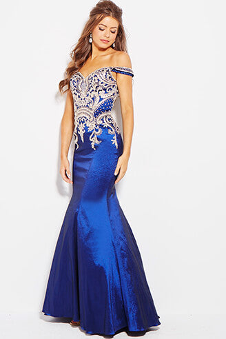 JVN61193 Off the shoulder embellished embroidered lace long mermaid prom dress available in  Navy