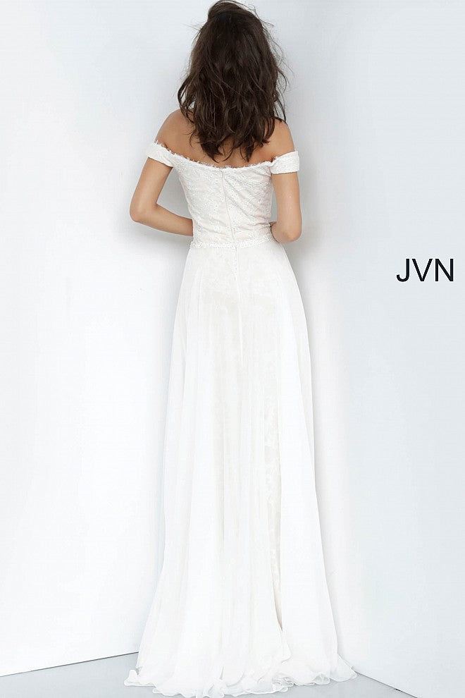 JVN62489 Ivory and Nude  lace prom dress with an off-the-shoulder fitted bodice, sweetheart neckline and half open back, floor-length fitted skirt with a pleated sheer ivory over-skirt.
