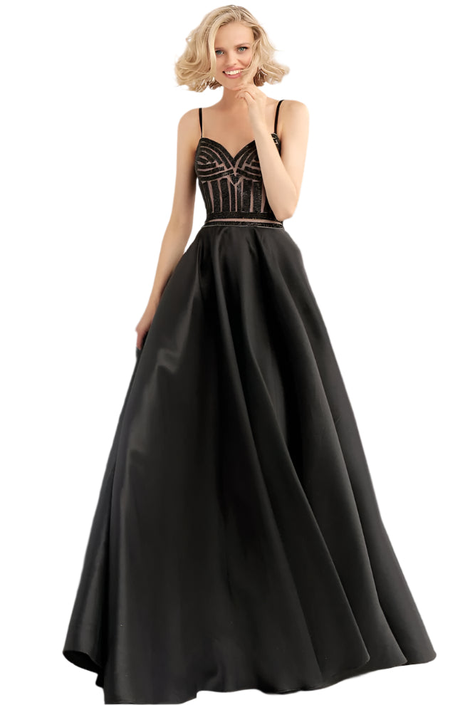 JVN62510  Black and nude beaded prom ballgown with embellished sleeveless fitted bodice, sweetheart neckline and spaghetti straps, floor length pleated a-line skirt with side pockets.