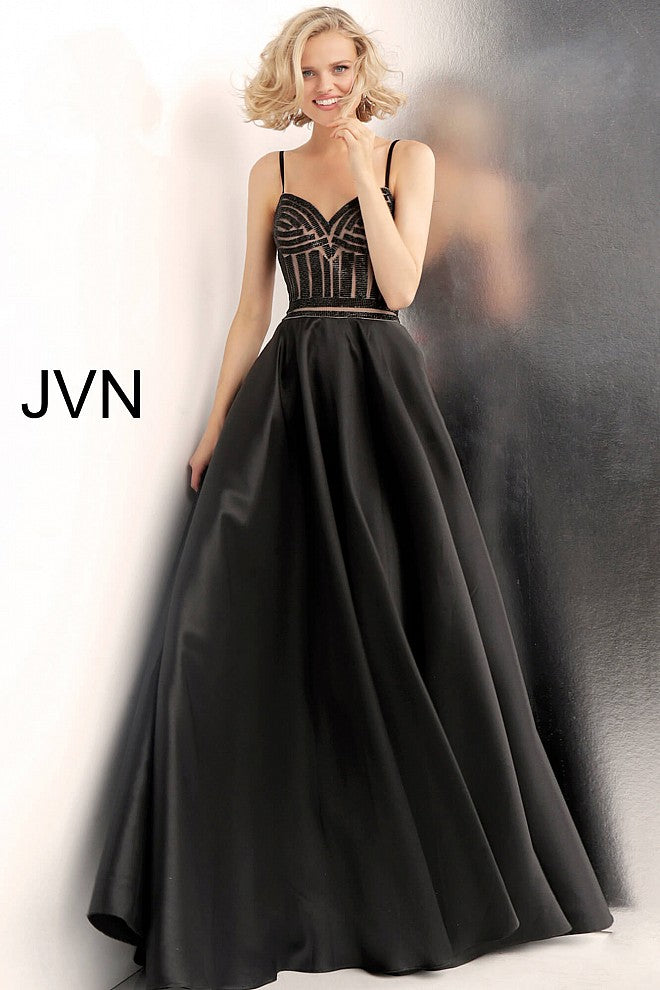 JVN62510  Black and nude beaded prom ballgown with embellished sleeveless fitted bodice, sweetheart neckline and spaghetti straps, floor length pleated a-line skirt with side pockets.