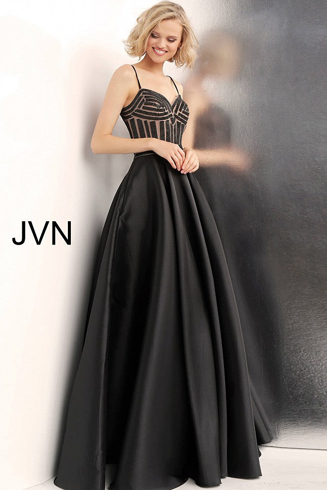 JVN62510  Black and nude beaded prom ballgown with embellished sleeveless fitted bodice, sweetheart neckline and spaghetti straps, floor length pleated a-line skirt with side pockets.