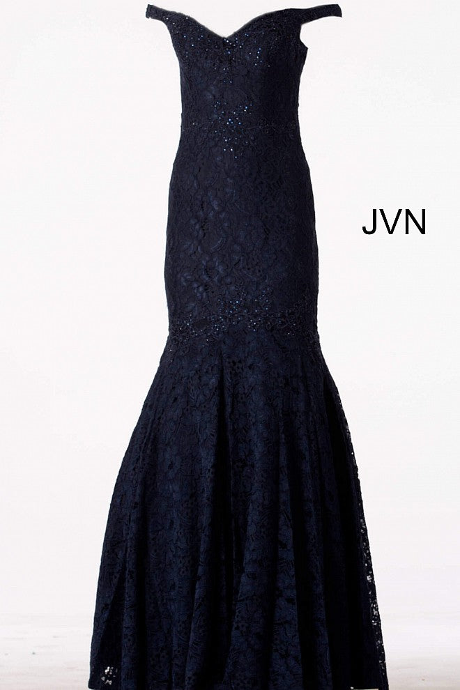 JVN62564 Navy off the shoulder lace mermaid prom dress evening gown with lace applique trim at the mermaid knee