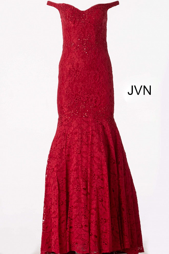 JVN62564 Red off the shoulder lace mermaid prom dress with small train trimmed with embellished applique trim 