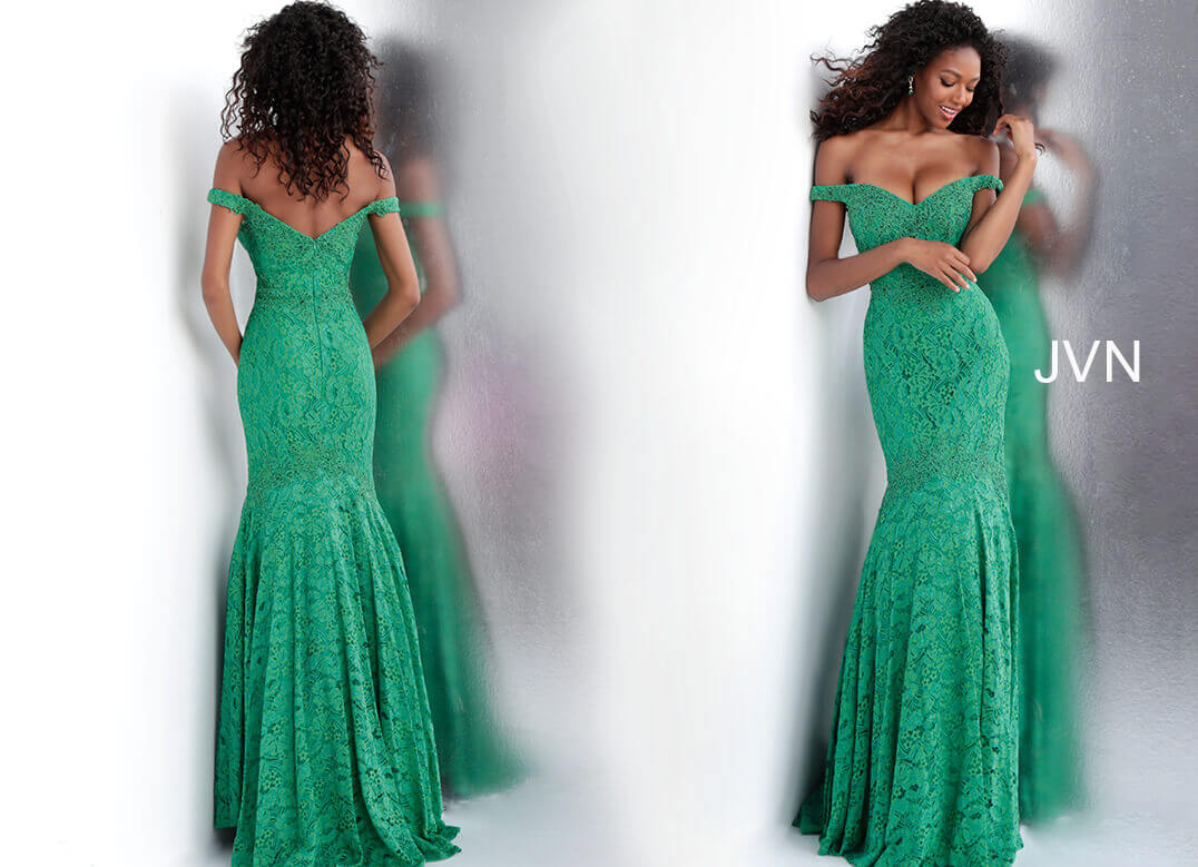 JVN62564 front and back view of Jade off the shoulder mermaid prom dress pageant gown evening dress with embellished applique lace trim