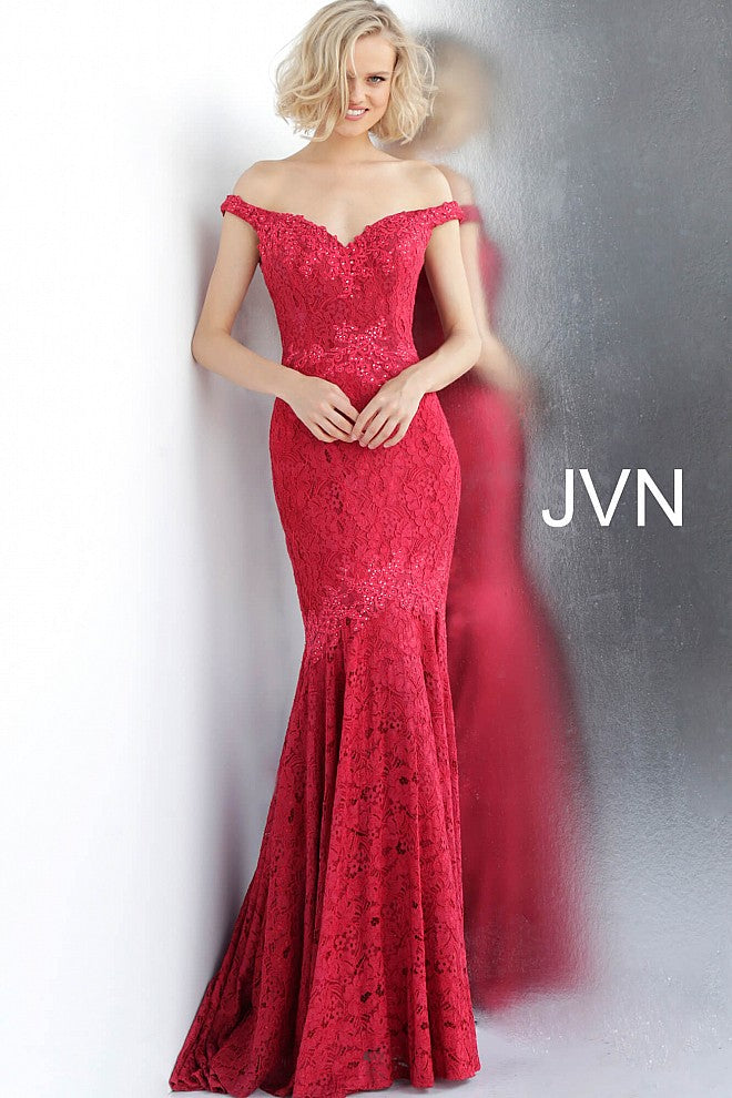 JVN62564 off the shoulder mermaid prom dress evening gown pageant dress with train red lace with red embellished lace applique 