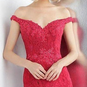 JVN62564 close up view of lace off the shoulder mermaid prom dress with embellished applique trim red evening gown 