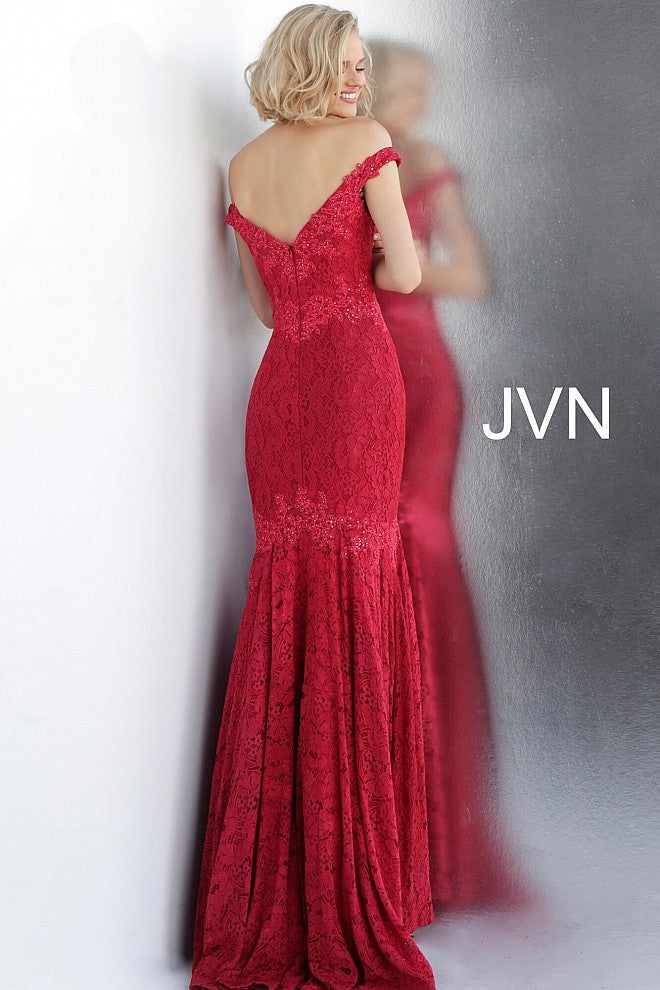 JVN62564 back view of red lace off the shoulder mermaid evening gown prom dress pageant gown bridesmaids gown 