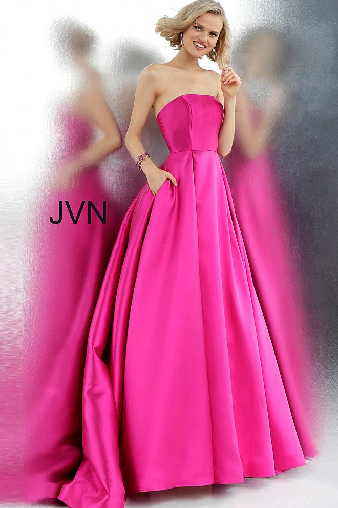 JVN62633 Fuchsia strapless lace up corset back straight neckline pleated mikado skirt prom dress ball gown evening gown 