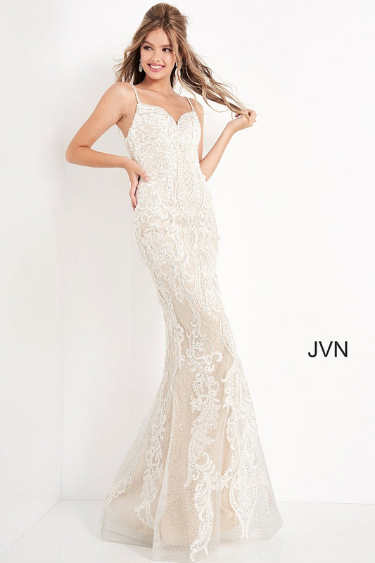 JVN65529 Ivory and nude embellished and embroidered prom dress with a v-neckline, spaghetti straps, sleeveless fitted bodice and straight back, floor-length fitted skirt with sheer overlay. Evening gown informal wedding dress. JVN 65529  Available Sizes: 00,0,2,4,6,8,10,12,14,16,18,20,22,24  Available Colors: Ivory/Nude Glass Slipper Formals Wedding Dress Reception Gown
