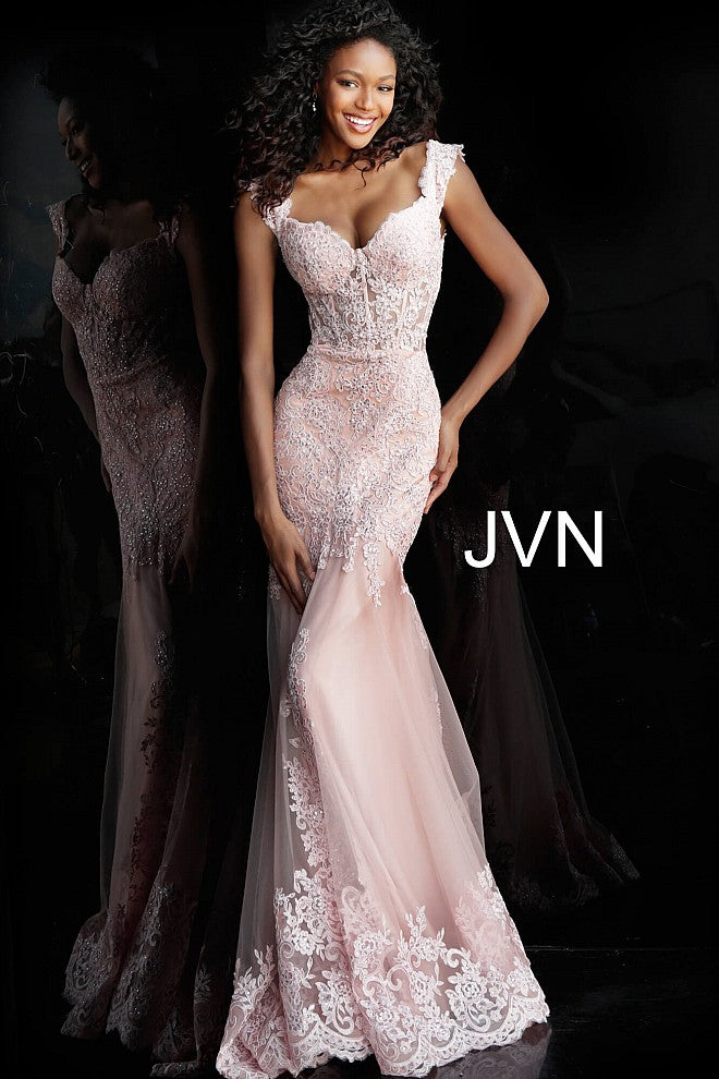 Jovani JVN 65688 Prom Dress Sheer Corset with off the shoulder straps, mermaid silhouette. Sheer Corset with boning Embellished floral lace appliques cascade across the fitted bodice and features cap sleeve / Off the shoulder Scallop lace edged straps. Fit & Flare Mermaid Silhouette with a lush trumpet skirt with lace edges & train. Great romantic prom dress style. Also perfect for wedding guests & Plus Size!