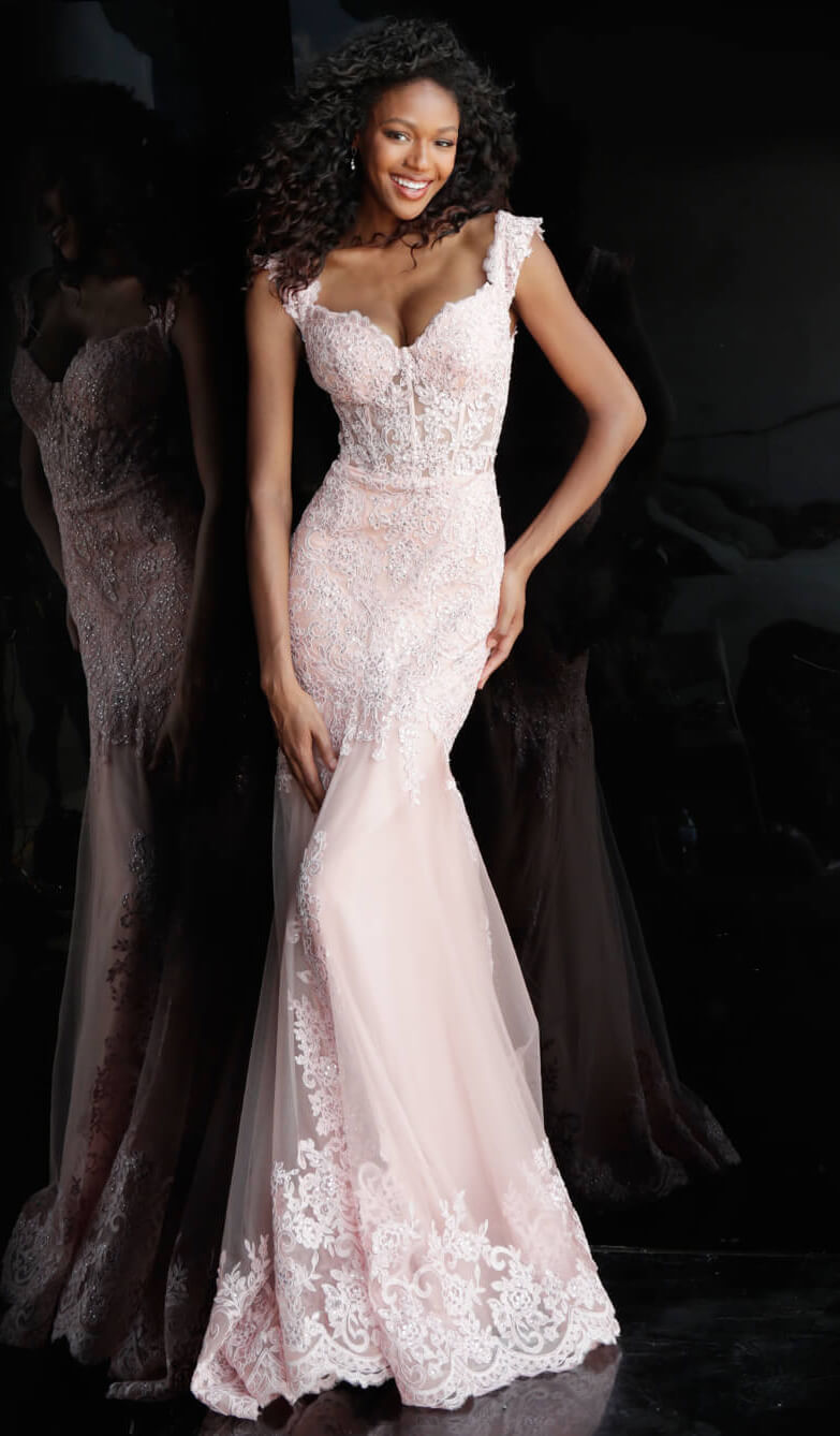 JVN 65688 Prom Dress Sheer Corset with off the shoulder straps, mermaid silhouette. Sheer Corset with boning Embellished floral lace appliques cascade across the fitted bodice and features cap sleeve / Off the shoulder Scallop lace edged straps. Fit & Flare Mermaid Silhouette with a lush trumpet skirt with lace edges & train. Great romantic prom dress style. Also perfect for wedding guests & Plus Size!