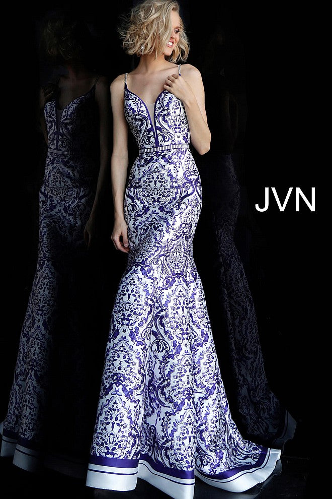 Jovani JVN65906 Size 10 White print mermaid Prom Dress Pageant GownV neckline
