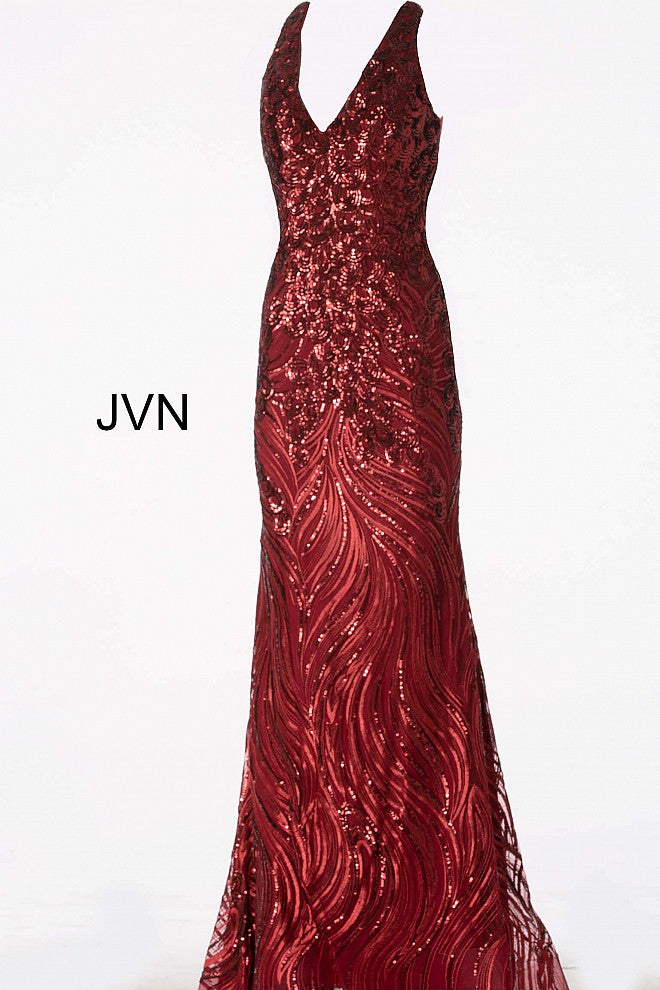 JVN by Jovani 66261 Burgundy halter neckline open back sequin fitted mermaid prom dress evening gown pageant dress