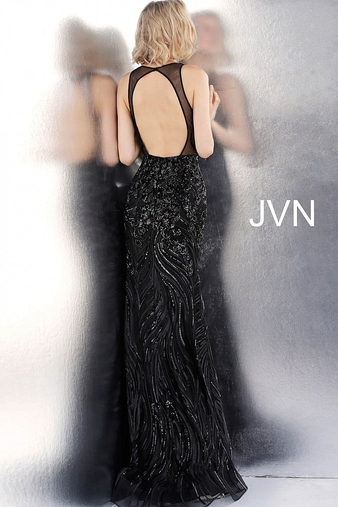 JVN by Jovani 66261 Black halter neckline open back sequin fitted mermaid prom dress evening gown pageant dress