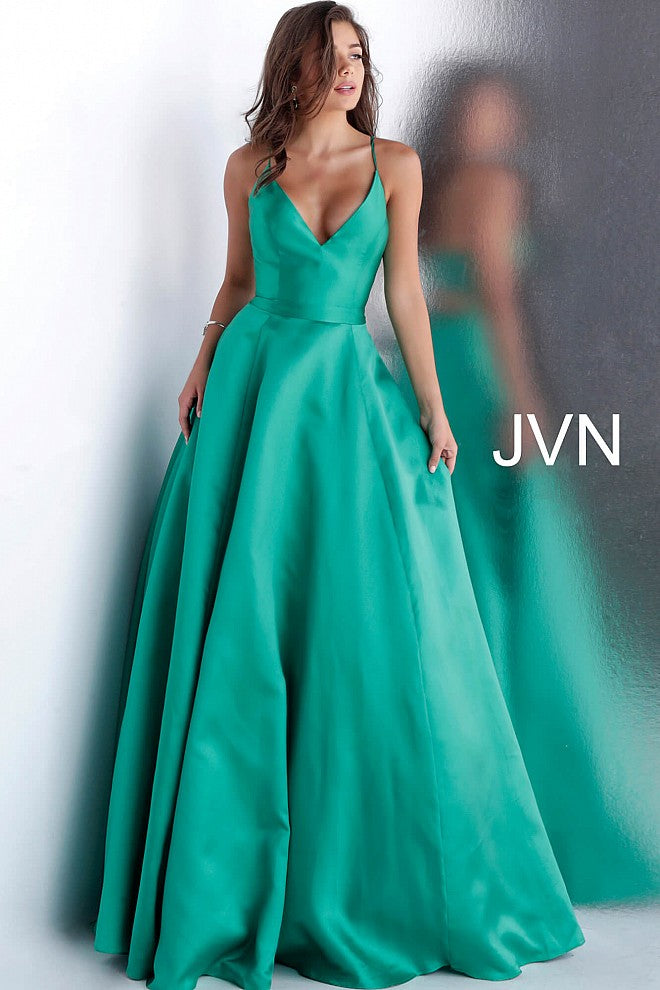 JVN66673 lace up corset open back satin A line pleated ballgown with v neckline and spaghetti straps evening gown prom dress 