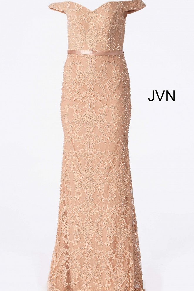 JVN by Jovani 66695 off the shoulder pearl embellished fitted eyelash lace prom dress evening gown bridesmaid dress mother of the bride or groom gown 