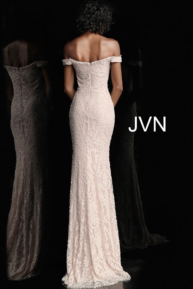 JVN 66695 Long Pearl Embellished A Line Prom Dress. V neck Pockets. Stunning eyelash lace Off the shoulder sweetheart neckline evening gown. embellished with pearl accents and lace, satin waistband. eyelash lace sweeping train. 