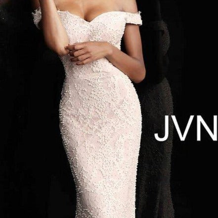 JVN by Jovani 66695 off the shoulder pearl embellished fitted eyelash lace prom dress evening gown bridesmaid dress mother of the bride or groom gown 