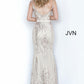 JVN66960 is a Long Fitted Sequin Embellished Prom Dress with slight flare skirt. V neckline with Embellished spaghetti straps and Midrise V Back.