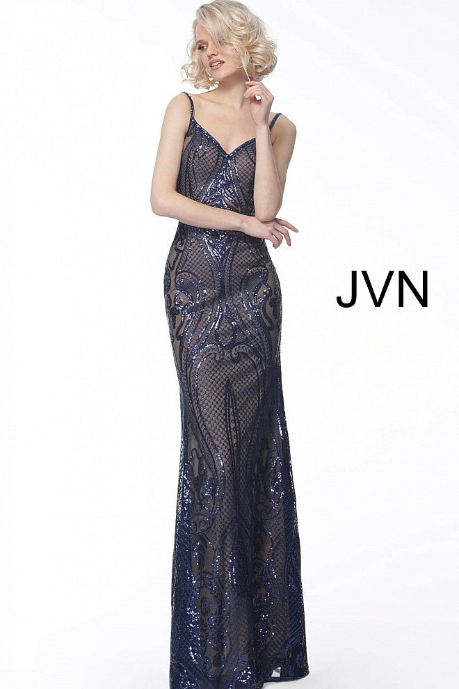 JVN66960 Embellished evening dress with nude underlay, form fitting silhouette, floor length skirt, satin belt at high waist, sleeveless bodice with V neck and spaghetti straps over shoulders, open back
