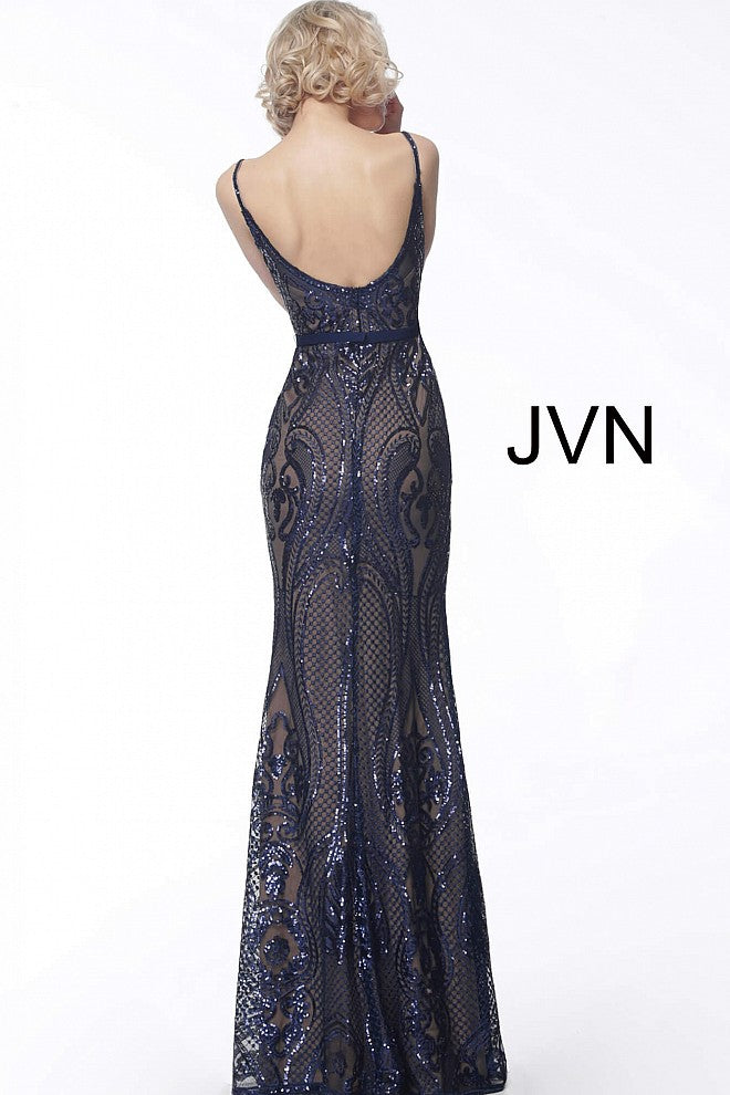 JVN66960 Embellished evening dress with nude underlay, form fitting silhouette, floor length skirt, satin belt at high waist, sleeveless bodice with V neck and spaghetti straps over shoulders, open back