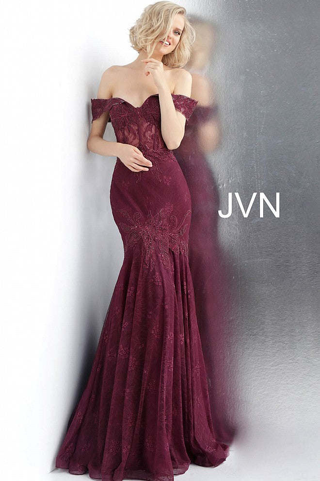 JVN66981 Bordeaux embroidered and embellished prom dress with an off-the-shoulder sheer corset bodice, sweetheart neckline and sheer back, floor-length fitted skirt with a pleated end and sweeping train.