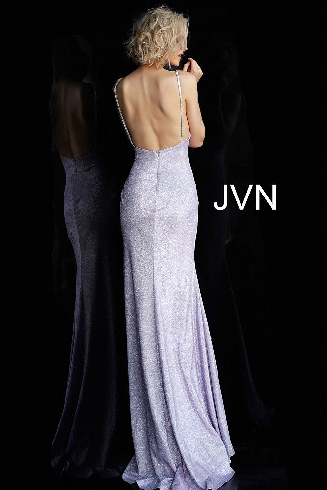 JVN67102 Silver metallic iridescent shimmer prom dress evening gown with ruched waistline