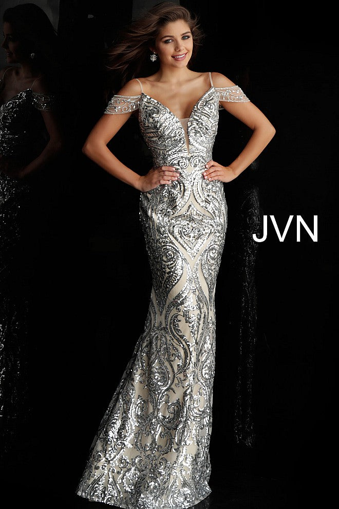 JVN67256 romantic off the shoulder embellished prom dress evening gown informal wedding dress silver nude pageant gown 