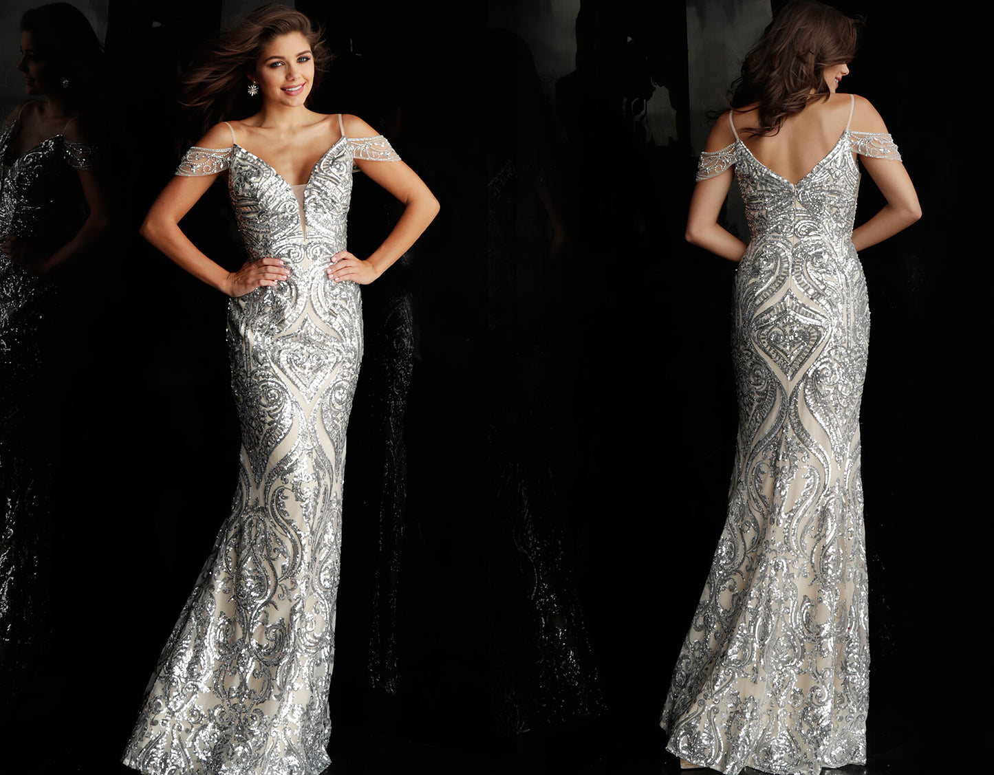 JVN67256 romantic off the shoulder embellished prom dress evening gown informal wedding dress silver nude pageant gown 