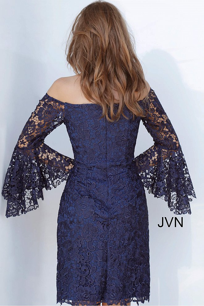 JVN68076  off the shoulder sheer lace bell sleeves fitted lace short cocktail dress, mother of the bride or groom dress 